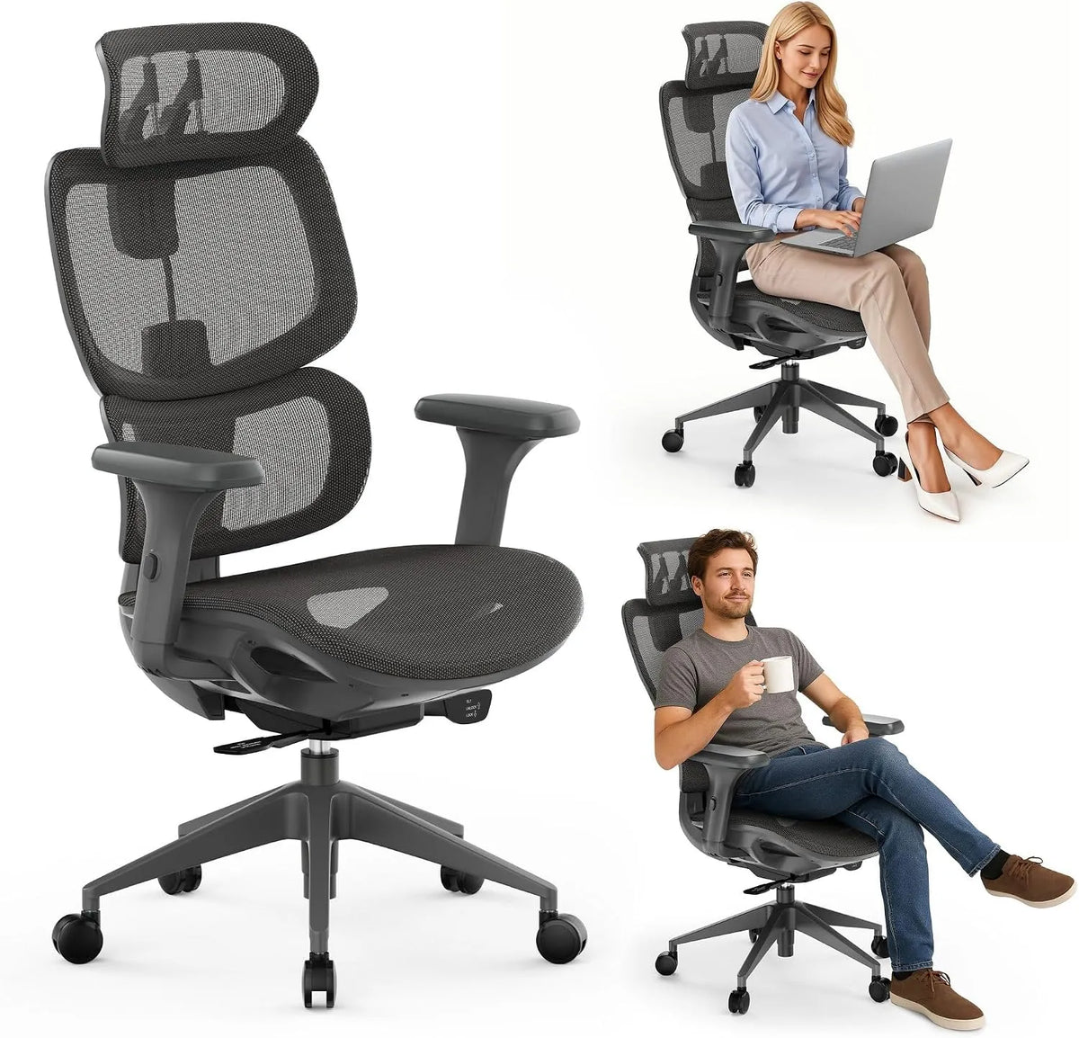 Nobu Fotel i krzesło tapicerowane Biurowy Ergonomiczny: technologia 3D/4D, z podłokietnikami, z oparciem, gamingowy, szary, regulowana konstrukcja