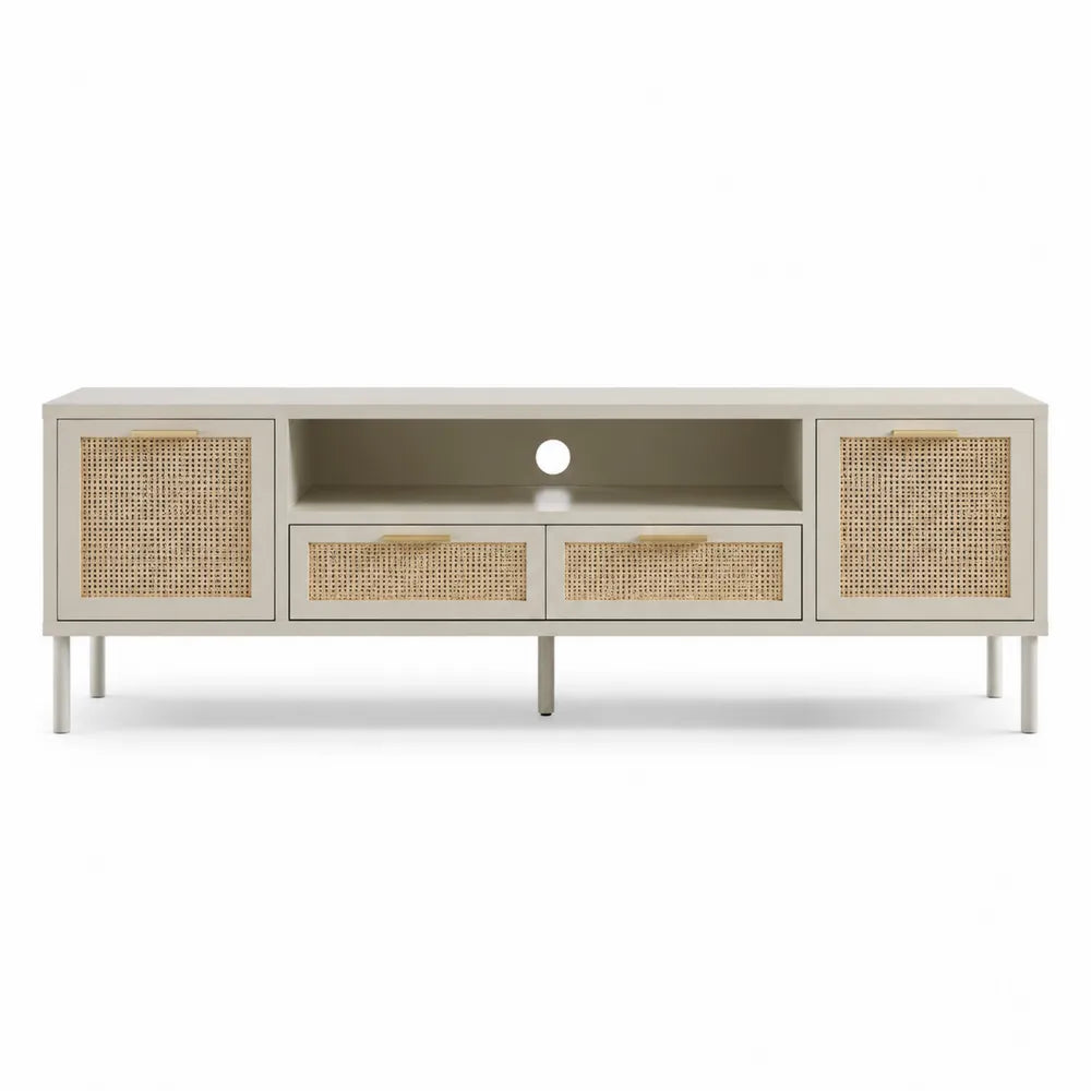 Szafka RTV z MDF i rattanem, beżowa, 150x40x50 cm