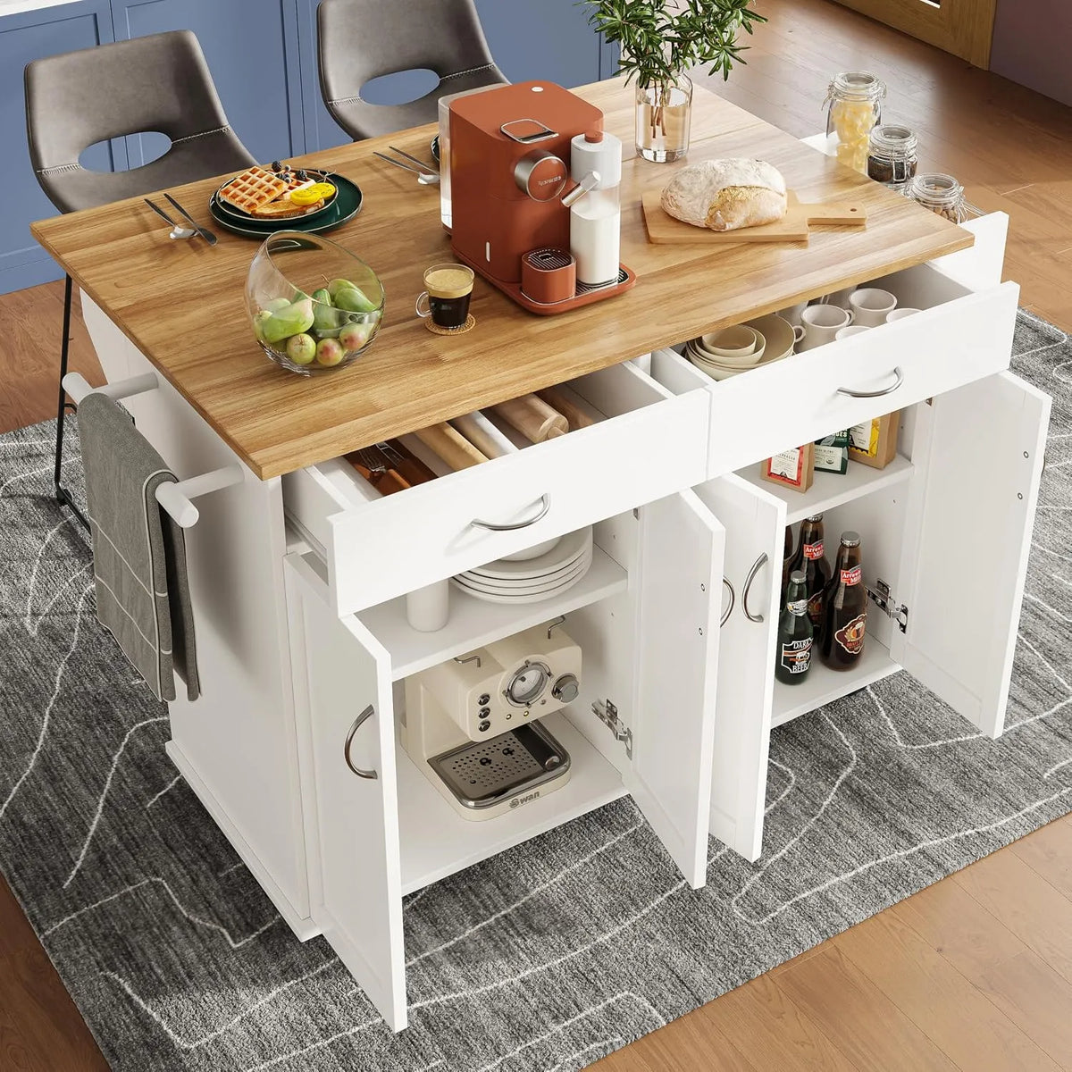 Rolling Kitchen Island Wózek do przechowywania – prawy Narożnik i sofa w kształcie L, z szufladami, regulowana konstrukcja, 2 szuflady, biały