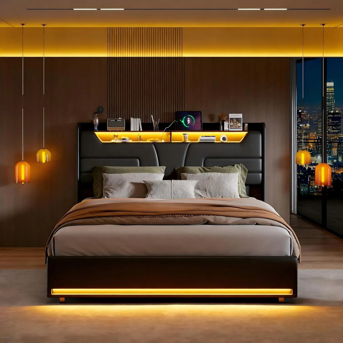 Łóżko tapicerowane i rama łóżka z obiciem — z portem USB, wyświetlacz LED, 160 × 200 cm, 1, 160 × 200, czarny, tapicerka materiałowa
