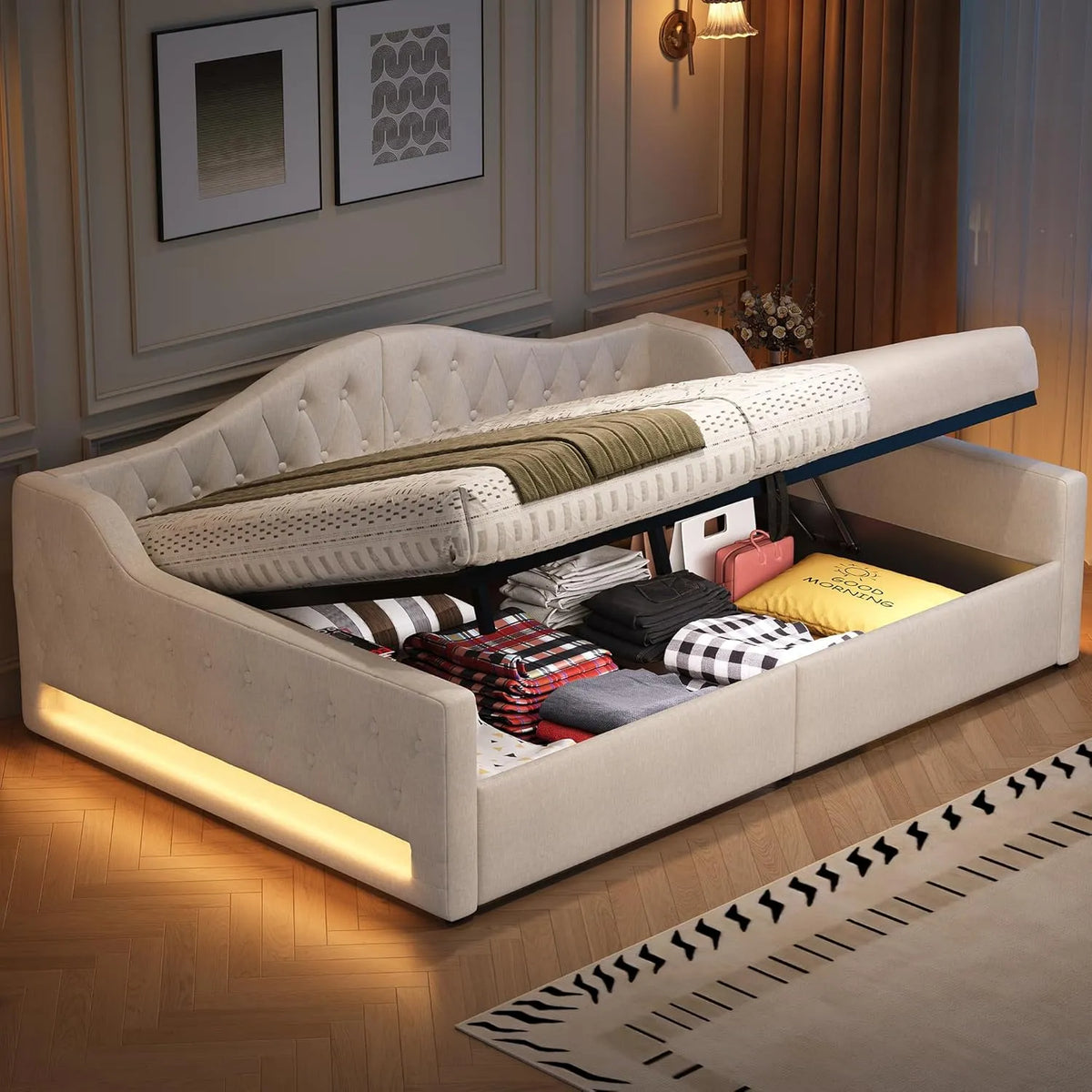 Sofa: wyświetlacz LED, 140 × 200 cm, beżowy