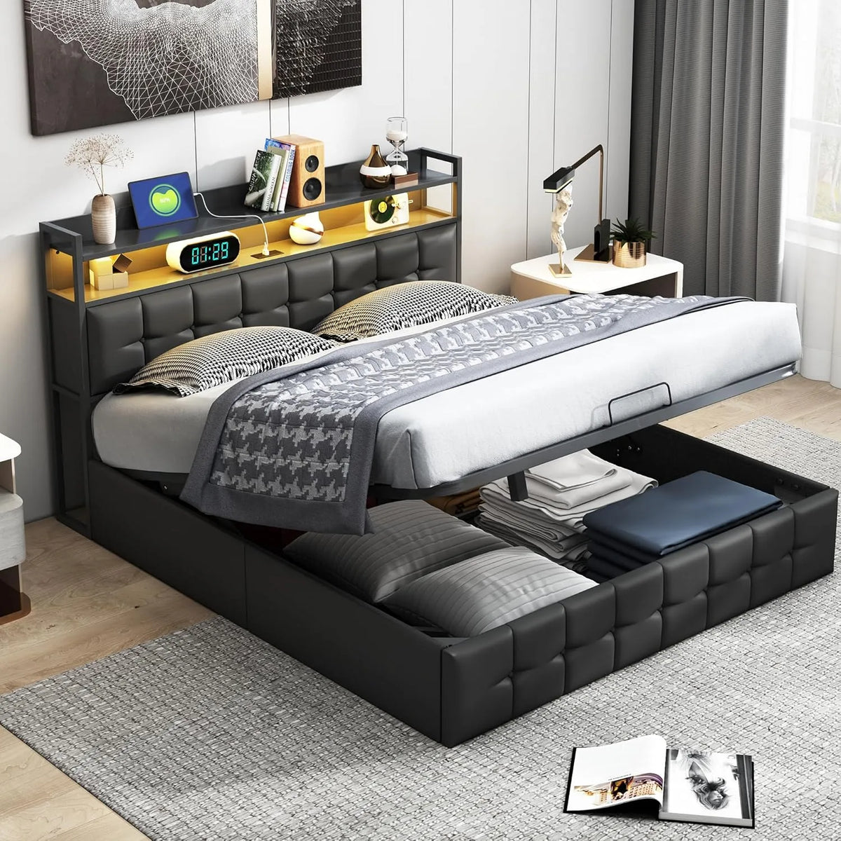 Rama łóżka i konstrukcja łóżka Queen Size – wyświetlacz LED, 140 × 200 cm, czarny