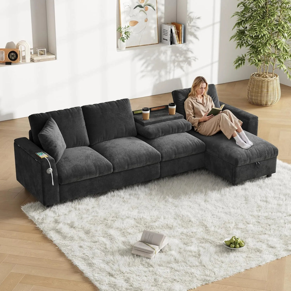 Sofa narożna — USB-C, w kształcie litery L, z tkaniny szenilowej, ze schowkiem, z portem USB, szary, rozkładana konstrukcja