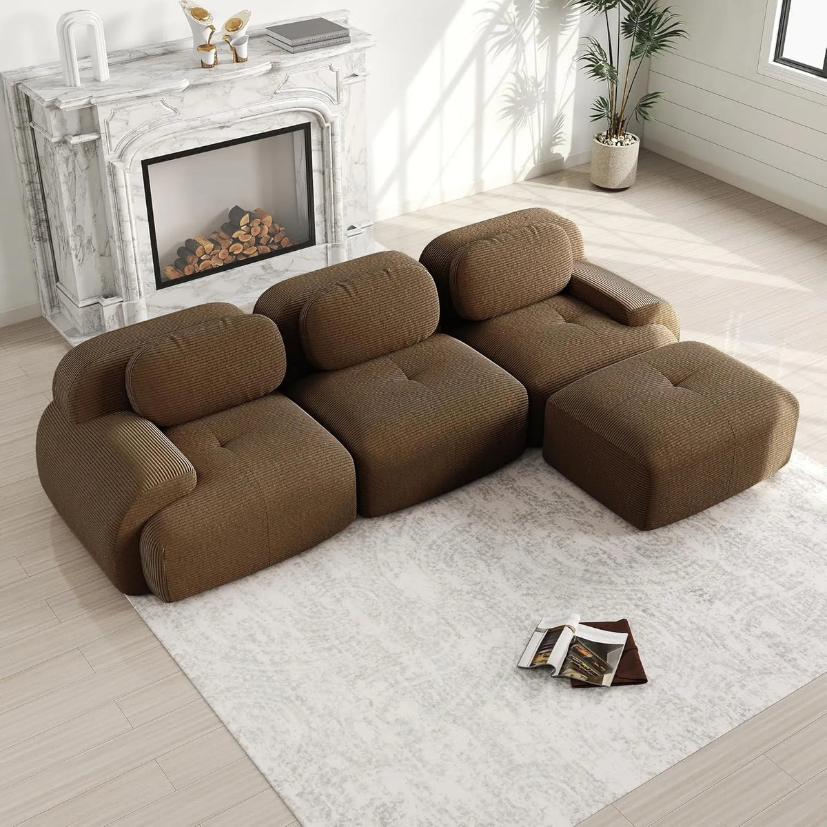 Sofa — Cloud, w kształcie litery L, głębokie siedzisko, z podłokietnikami, 3-osobowa, brązowy