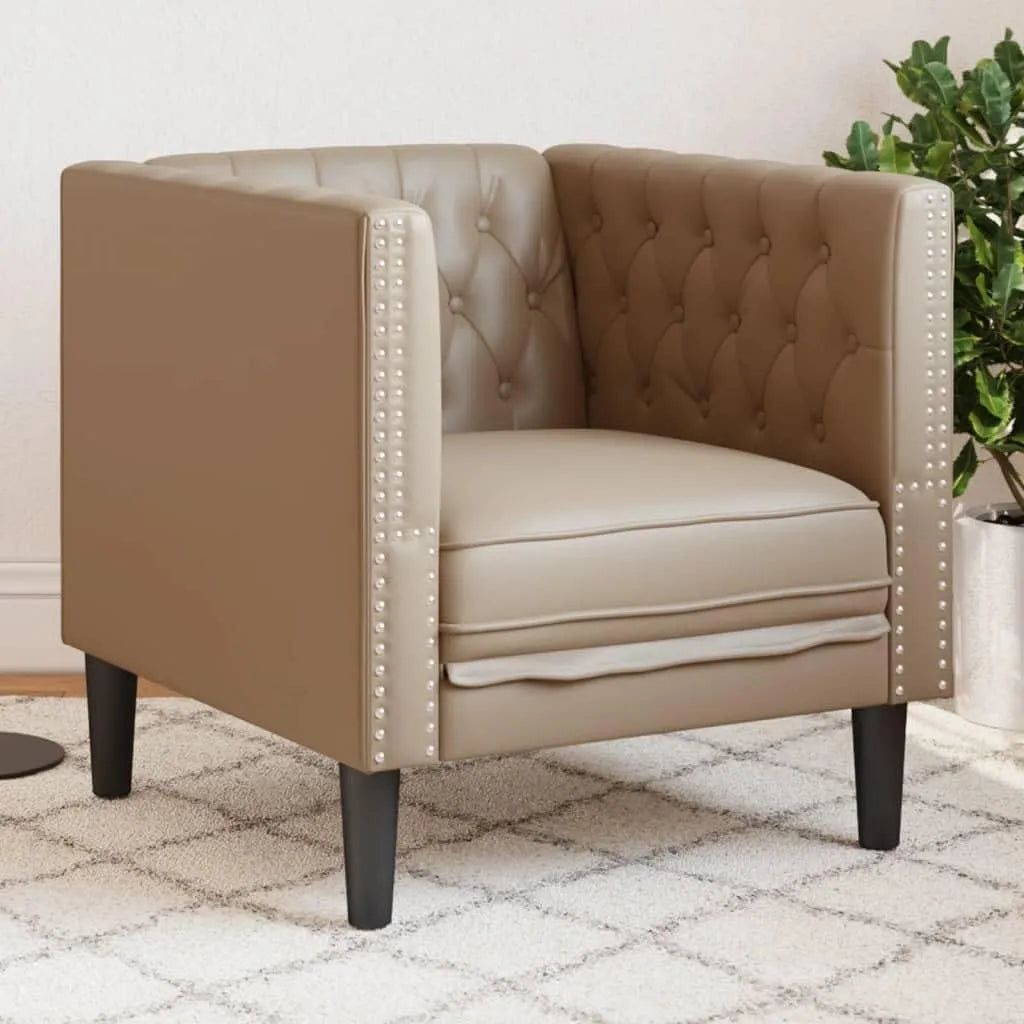 Fotel i krzesło tapicerowane Chesterfield w kolorze brązowym cappuccino — z drewna, 71 cm, tapicerka skórzana