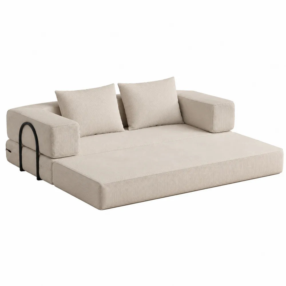 Sofa rozkładana z poduszkami, sztruks kremowy