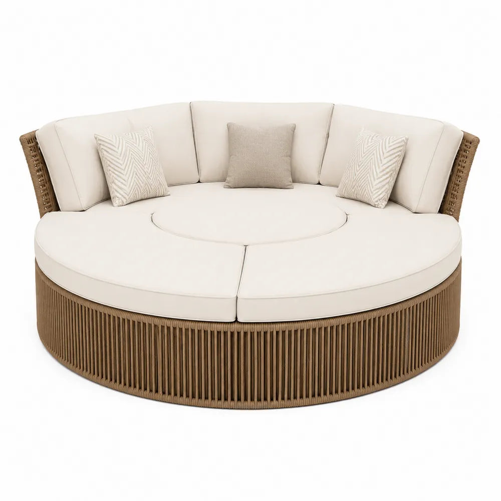 Okrągła sofa z technorattanu z poduszkami, beżowa, Ø 180 cm