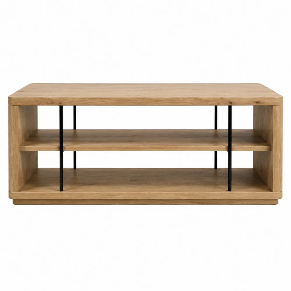 Stolik kawowy drewniany z półkami i metalowymi wspornikami 120x60x45 cm