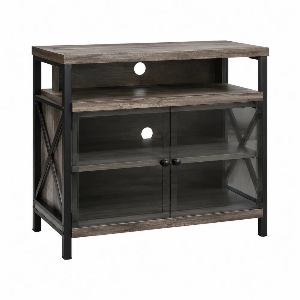 Szafka RTV drewniana z metalem i szkłem hartowanym przyciemnianym antracytowa 75x40x85 cm