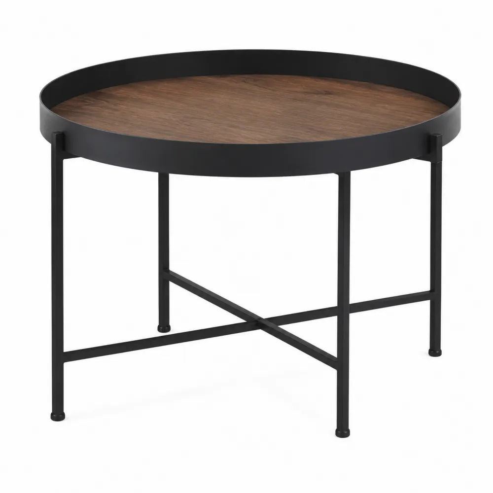 Okrągły stolik kawowy drewniany z metalowymi nogami czarny 60 cm