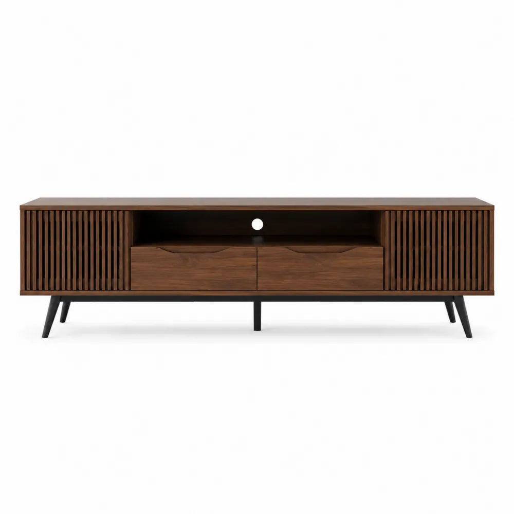 Szafka RTV z drewna orzechowego i metalowymi nogami 140x40x45 cm