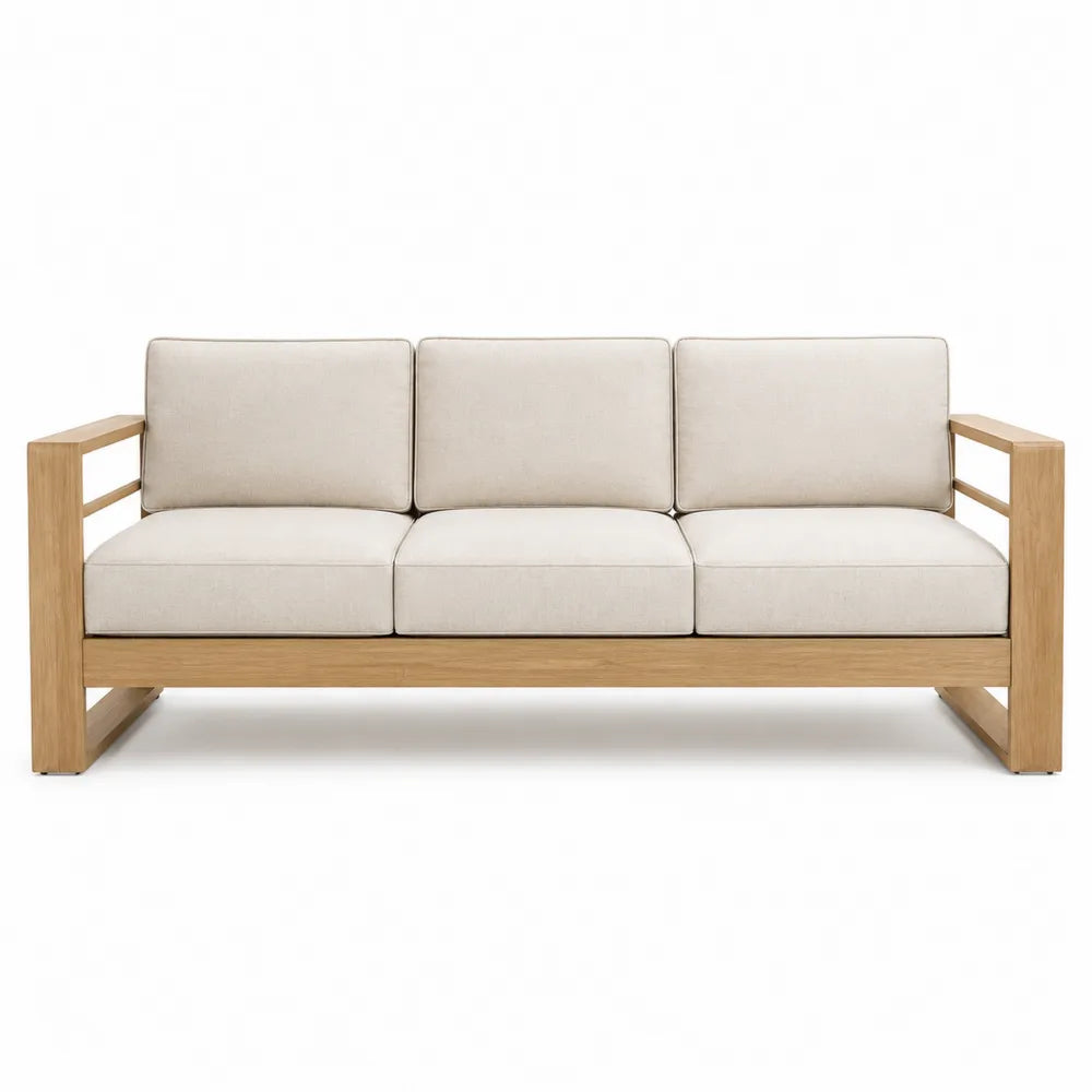 Sofa ogrodowa drewniana z beżowymi poduszkami 3-osobowa 200x80x75 cm