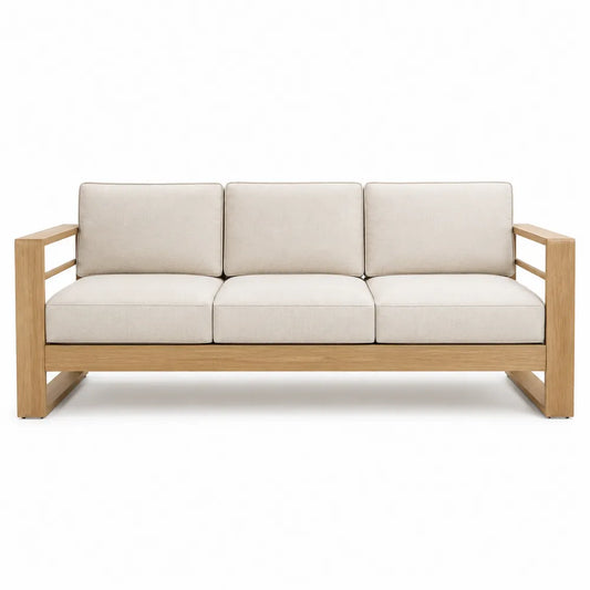 Sofa ogrodowa drewniana z beżowymi poduszkami 3-osobowa 200x80x75 cm