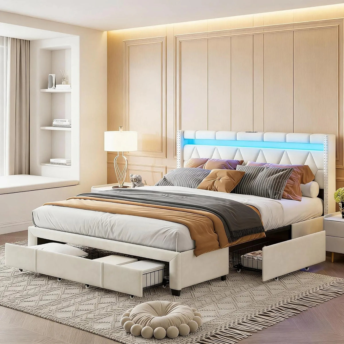 Łóżko tapicerowane i rama łóżka z obiciem: z szufladami, z portem USB, wyświetlacz LED, 4 szuflady, 160 × 200 cm, beżowy