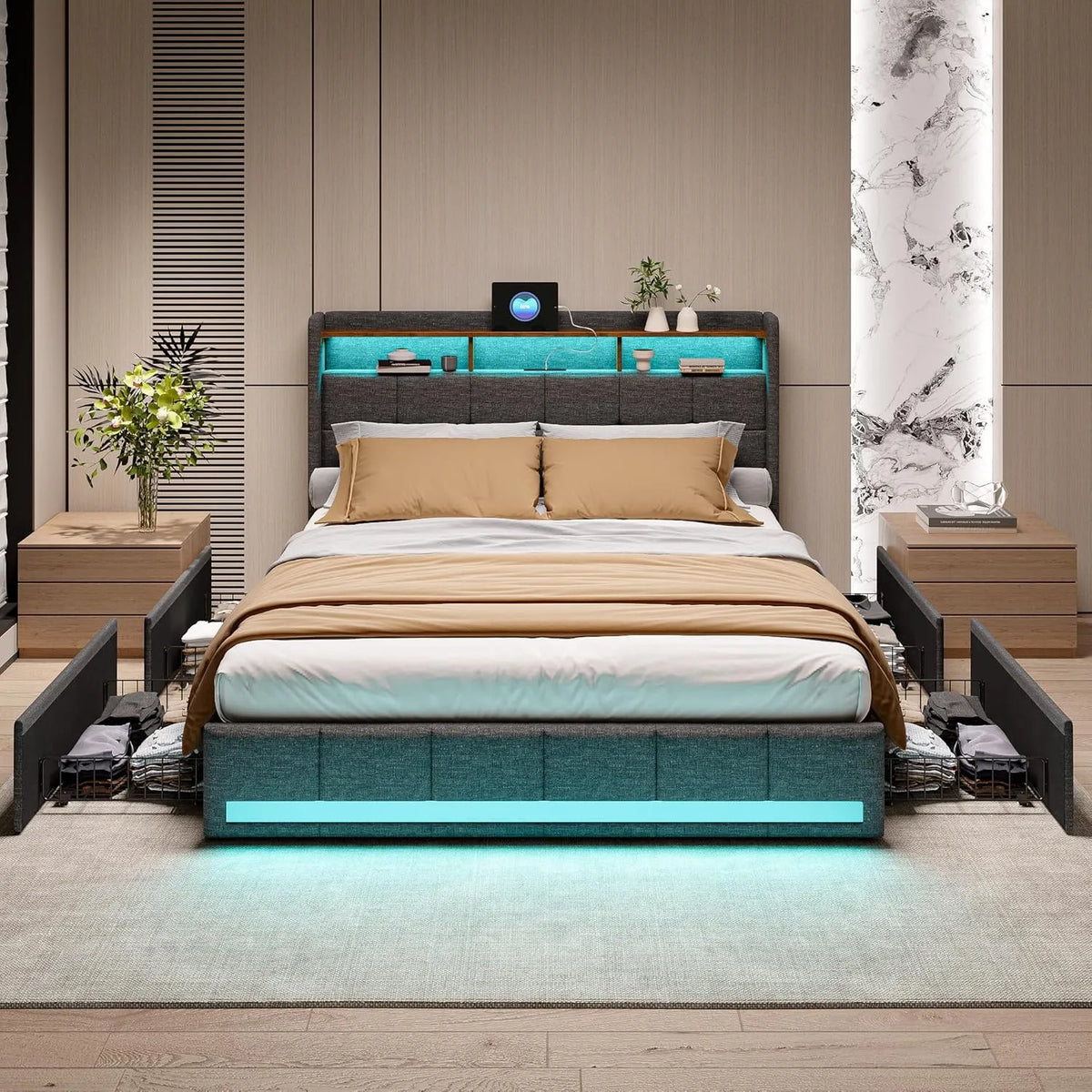 Rama łóżka i konstrukcja łóżka 180 x 200 z diodami LED i USB — z szufladami, z portem USB, wyświetlacz LED, 2-osobowe, 4 szufladami, 180 × 200
