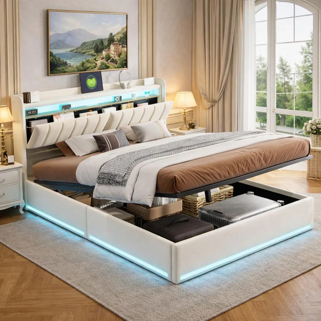 Łóżko tapicerowane i rama łóżka z obiciem — z portem USB, wyświetlacz LED, 2-osobowego, 140 × 200 cm, tapicerka materiałowa