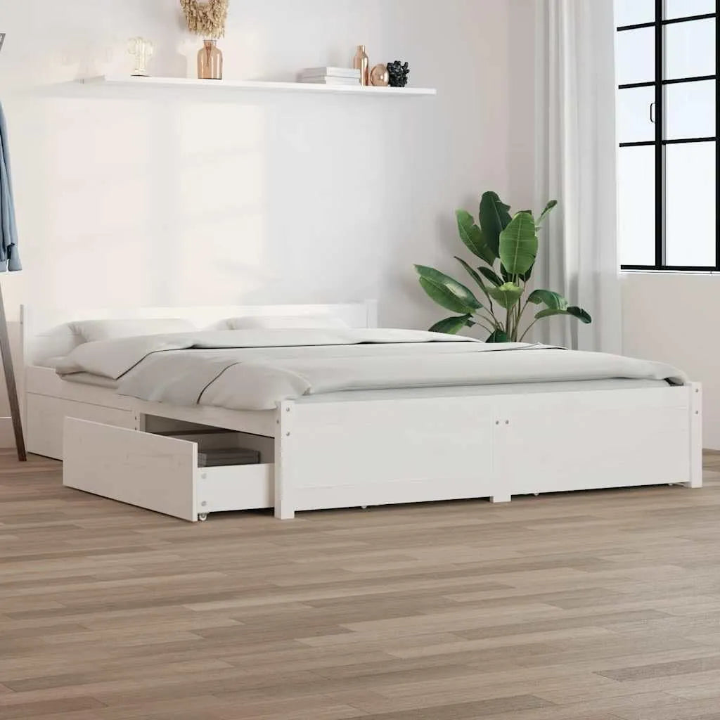 Klasyczna Rama łóżka i konstrukcja łóżka z litego drewna z 2 szufladami – z drewna, z szufladami, 140 × 200 cm, biały
