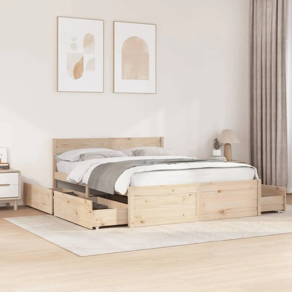 Łóżko z litego drewna sosnowego 150 x 200 cm — z drewna, z szufladami, 150 × 200 cm, tapicerka materiałowa
