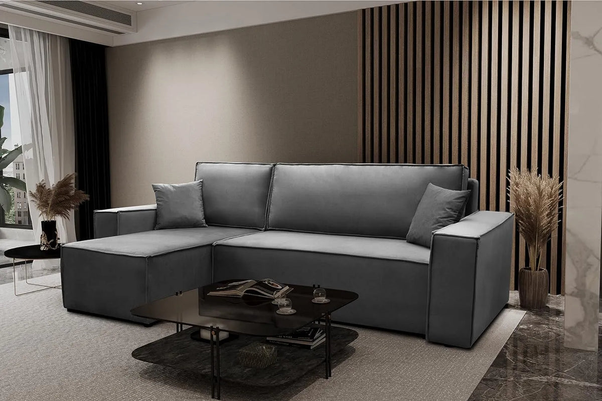 Sofa narożna – wolnostojący, z funkcją spania, tapicerka aksamitna