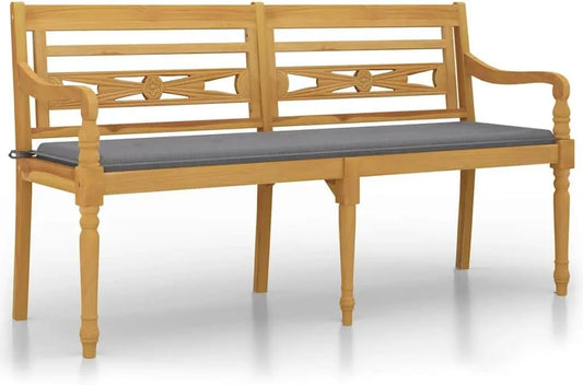 Batavia ławka z drewna tekowego z szarą poduszką 150 cm – z podłokietnikami, z poduszkami, szary