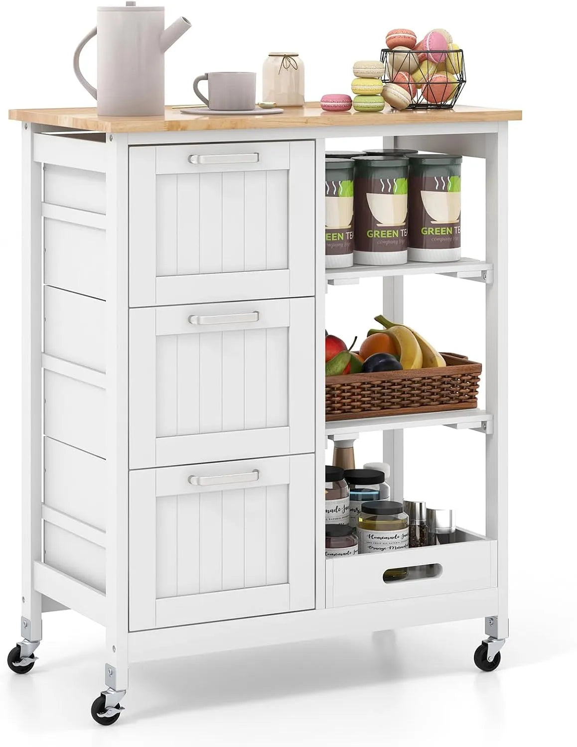 COSTWAY Wózek Kuchenny z Tacą: z drewna, z szufladami, 2 Poziomy, 67 × 37 × 82, 5 cm
