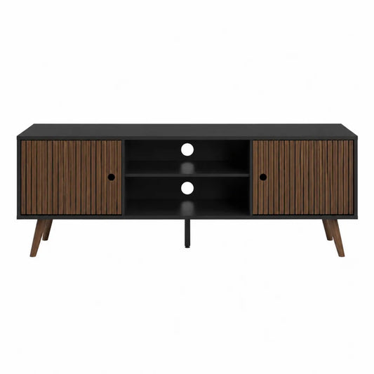 Szafka RTV z płyty MDF, fronty drewniane, czarno-brązowa, 180x40x50 cm