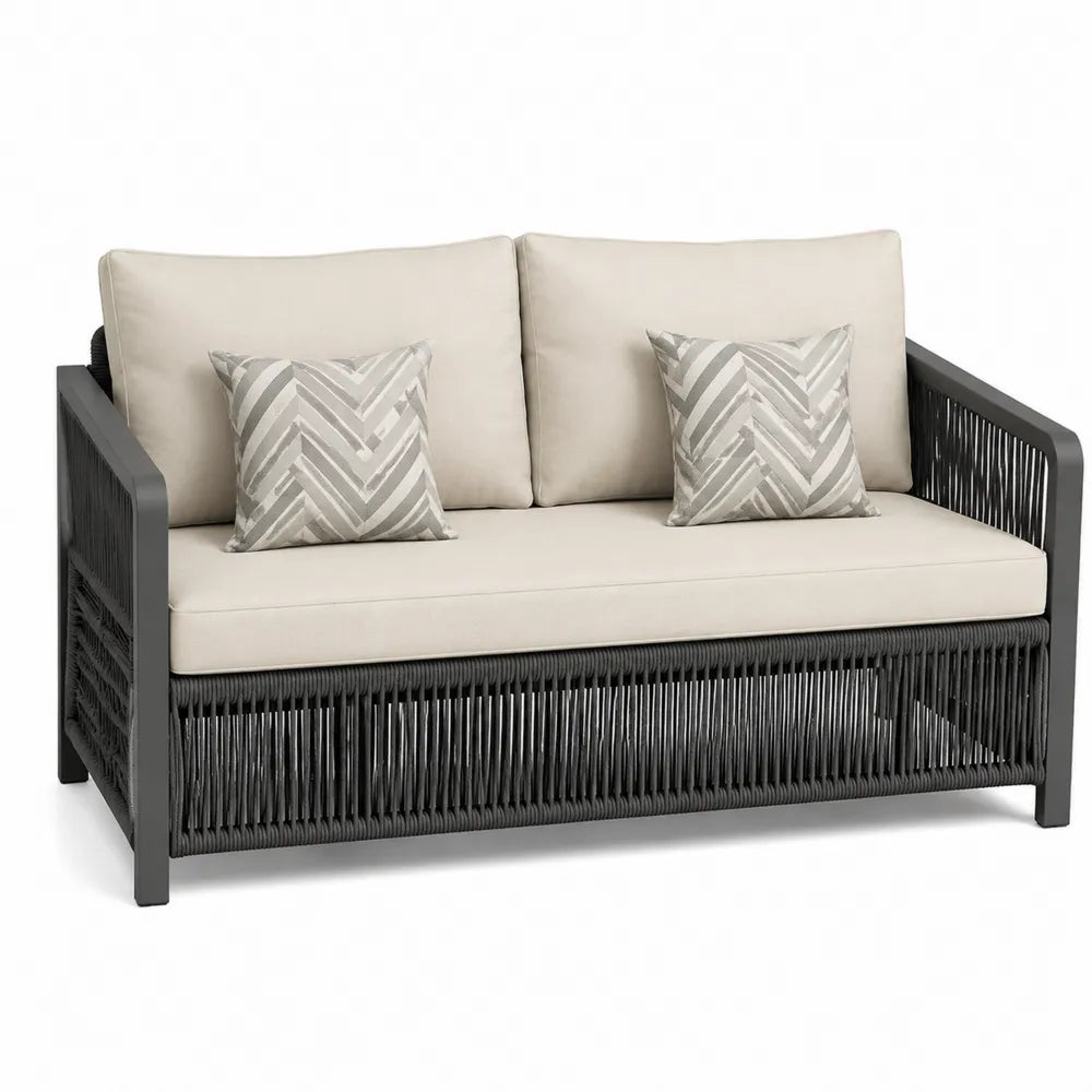 Sofa zewnętrzna dla dwóch osób, aluminium i poliester, grafitowa i kremowa