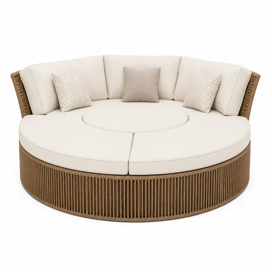 Okrągła sofa z technorattanu z poduszkami, beżowa, Ø 180 cm