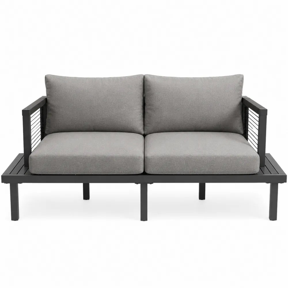 Aluminiowa dwuosobowa sofa z poduszkami z tkaniny szarej 130 cm