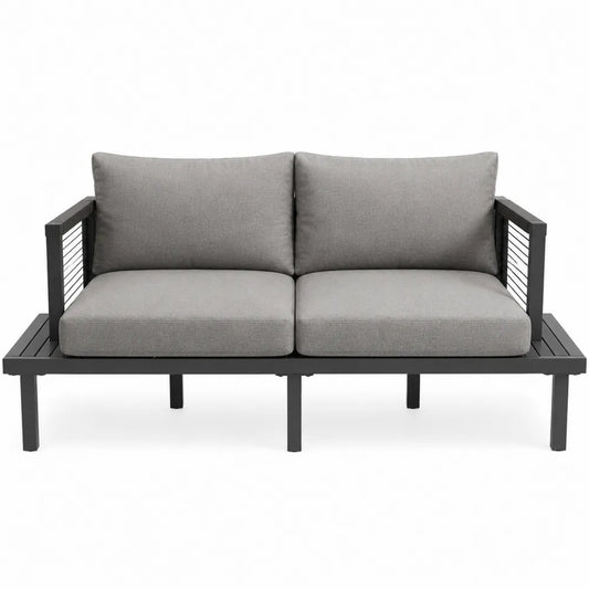 Aluminiowa dwuosobowa sofa z poduszkami z tkaniny szarej 130 cm