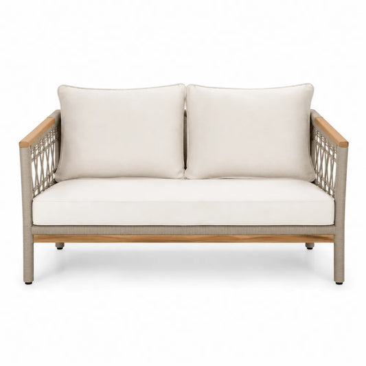 Beżowa sofa ogrodowa z aluminium i drewna 120cm
