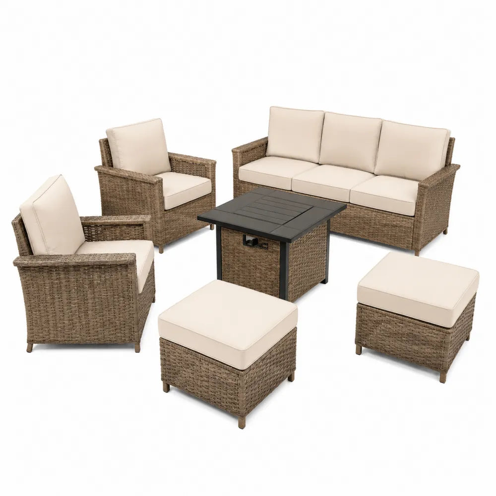 Zestaw mebli ogrodowych z technorattanu: sofa, fotele, stolik, podnóżki, beżowy