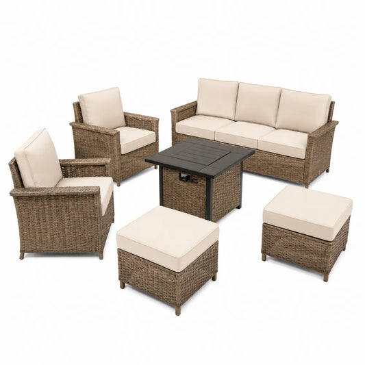 Zestaw mebli ogrodowych z technorattanu: sofa, fotele, stolik, podnóżki, beżowy
