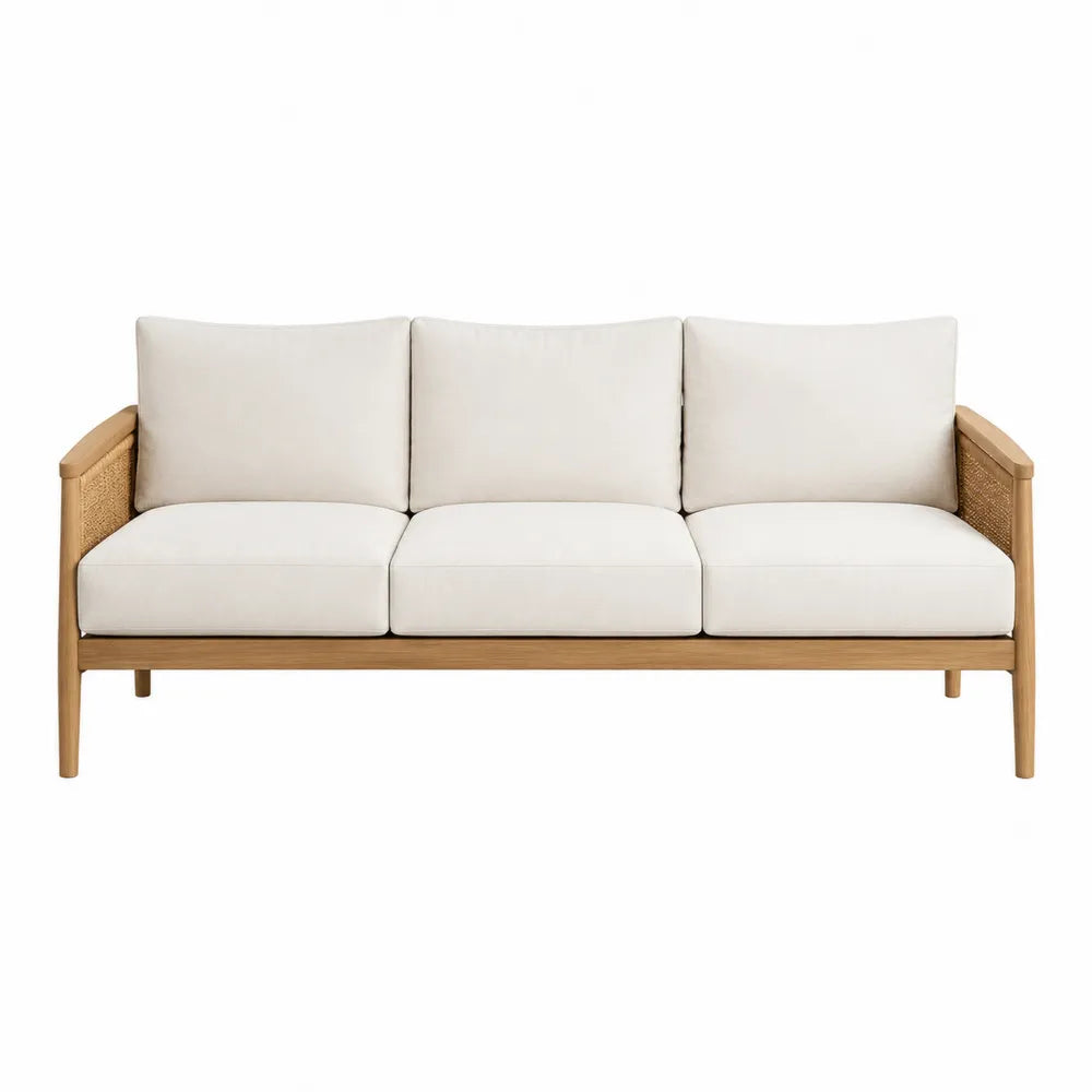 3-osobowa sofa z drewna tekowego i rattanu z białymi poduszkami 200 cm