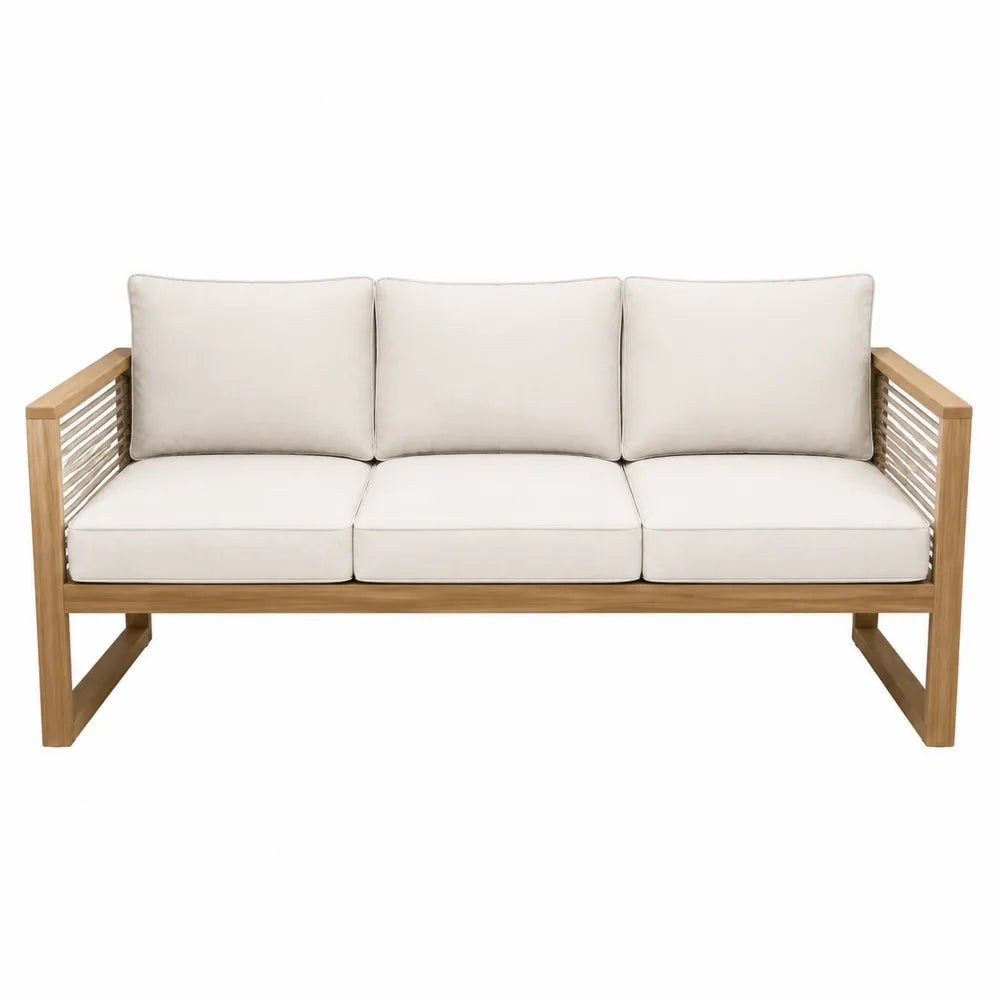 3-osobowa sofa ogrodowa z drewna teak z beżowymi poduszkami