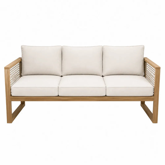 3-osobowa sofa ogrodowa z drewna teak z beżowymi poduszkami
