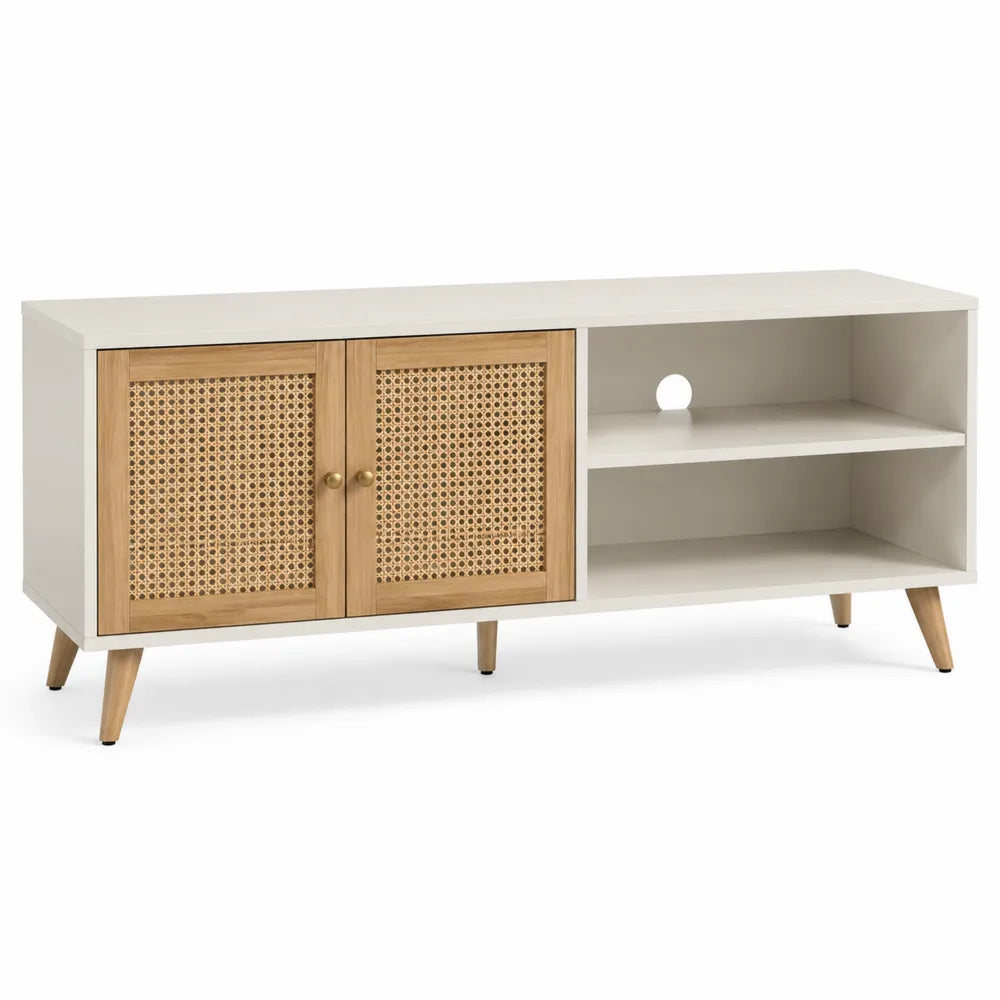 Szafka RTV MDF z drzwiami rattanowymi i półkami, 120 cm