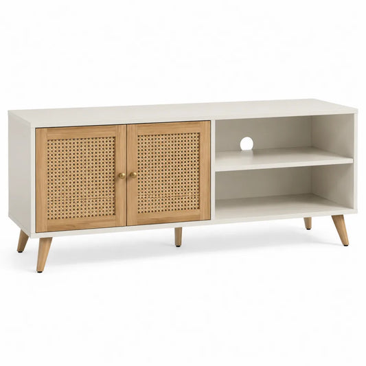 Szafka RTV MDF z drzwiami rattanowymi i półkami, 120 cm