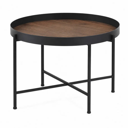 Okrągły stolik kawowy drewniany z metalowymi nogami czarny 60 cm