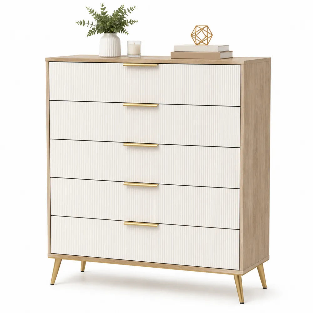 Komoda z 5 szufladami z płyty MDF i stalowymi nogami Biały/Dębowy 80cm x 40cm x 100cm