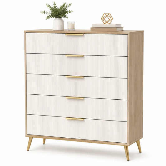 Komoda z 5 szufladami z płyty MDF i stalowymi nogami Biały/Dębowy 80cm x 40cm x 100cm